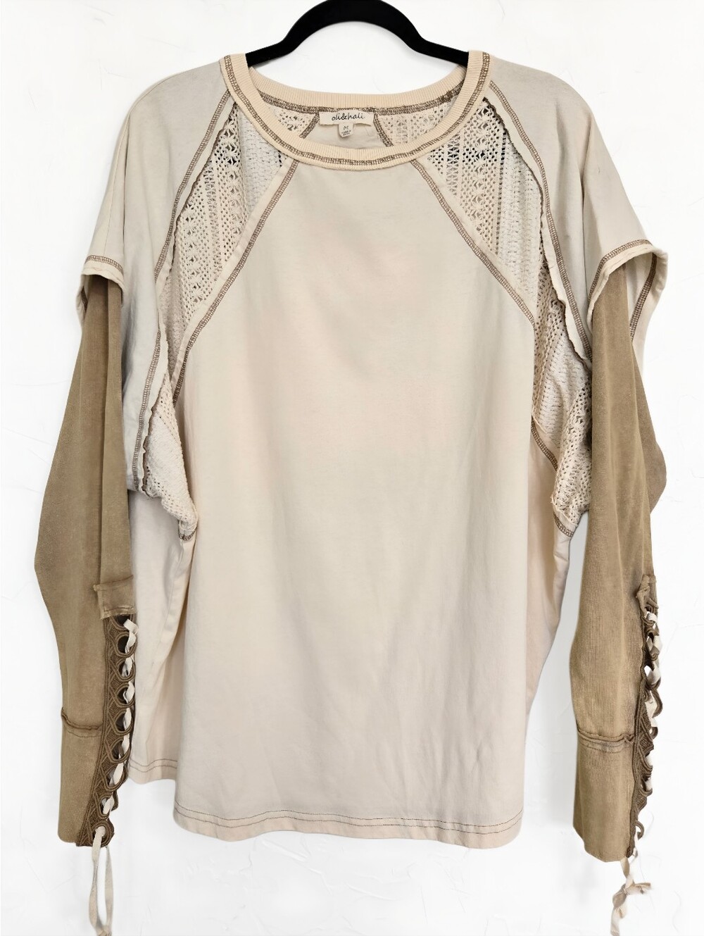 Oli & Hali Oversized Laced Sleeve Cream Tan Top, M